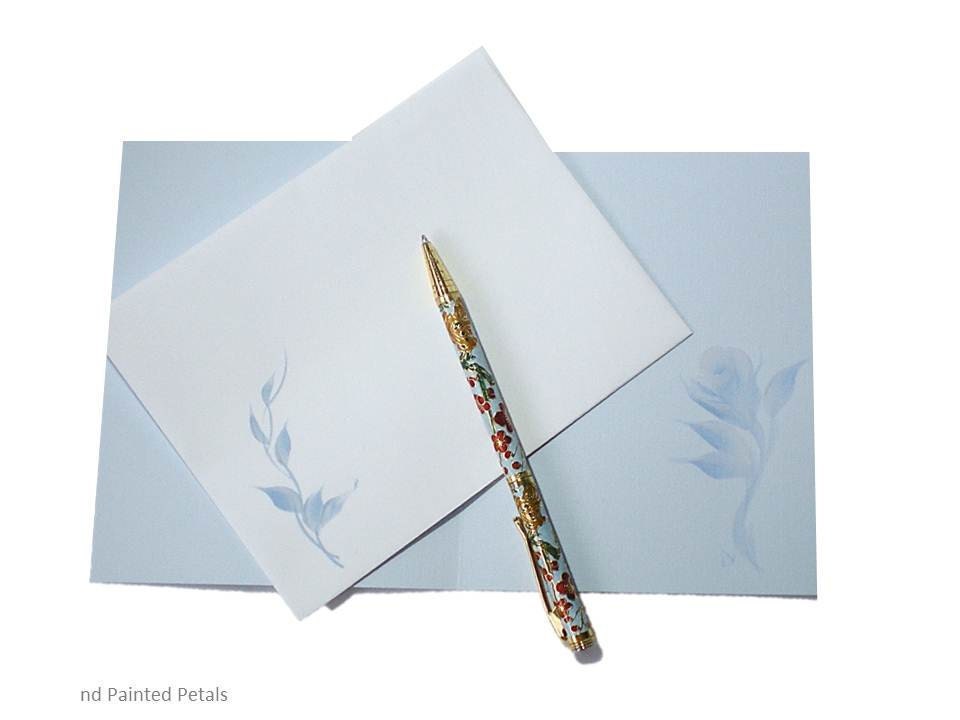 Hand Painted Note Cards White Roses on Soft Blue Linen Cards - Set of  4 - Fine Quality Polished Linen Card Stock - Morning Mist - HandPaintedPetals