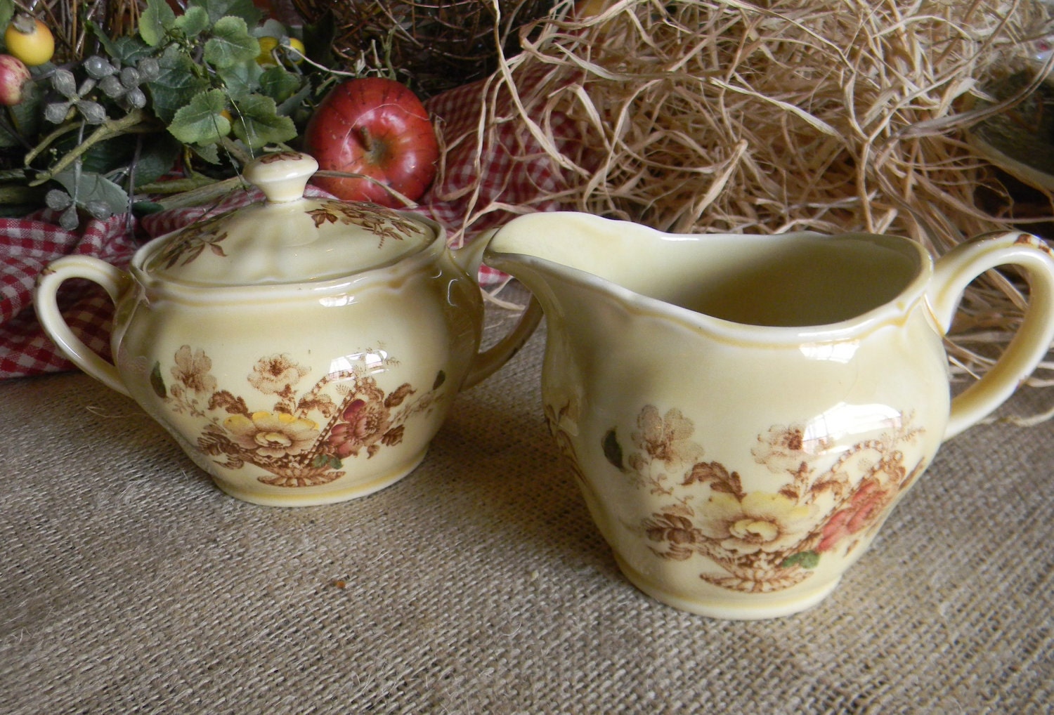Vintage English Brown Transferware Creamer  Pitcher  Basket Flowers Polychrome