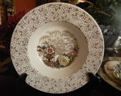 Brown Transferware Bowl Gorgeous Lacustrine Scene Urns with Flowers and Chintz Border