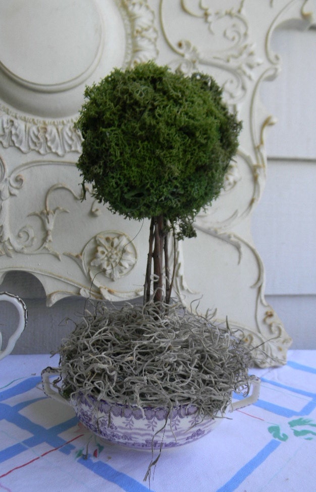 Reindeer Moss Topiary in Vintage Purple English Transferware Dual Handled Bowl