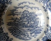 Vintage Blue Transferware Plate Roses Rowboat English Farm house Bridge Stream