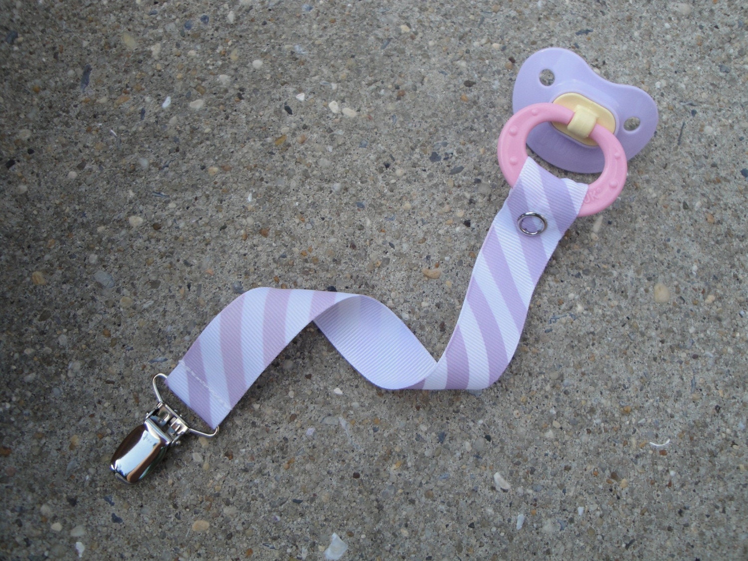 Ribbon Pacifier Clip- Purple diagonal stripes