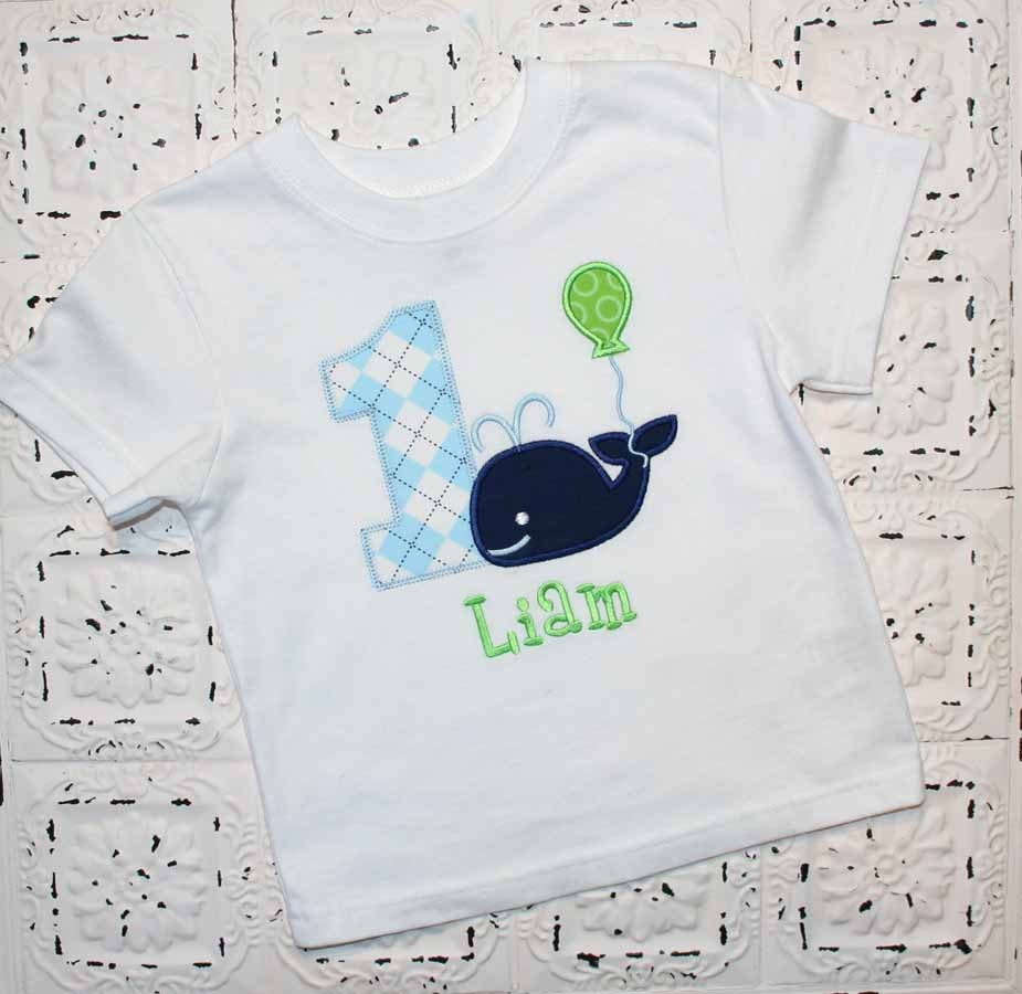 Little blue preppy whale birthday shirt