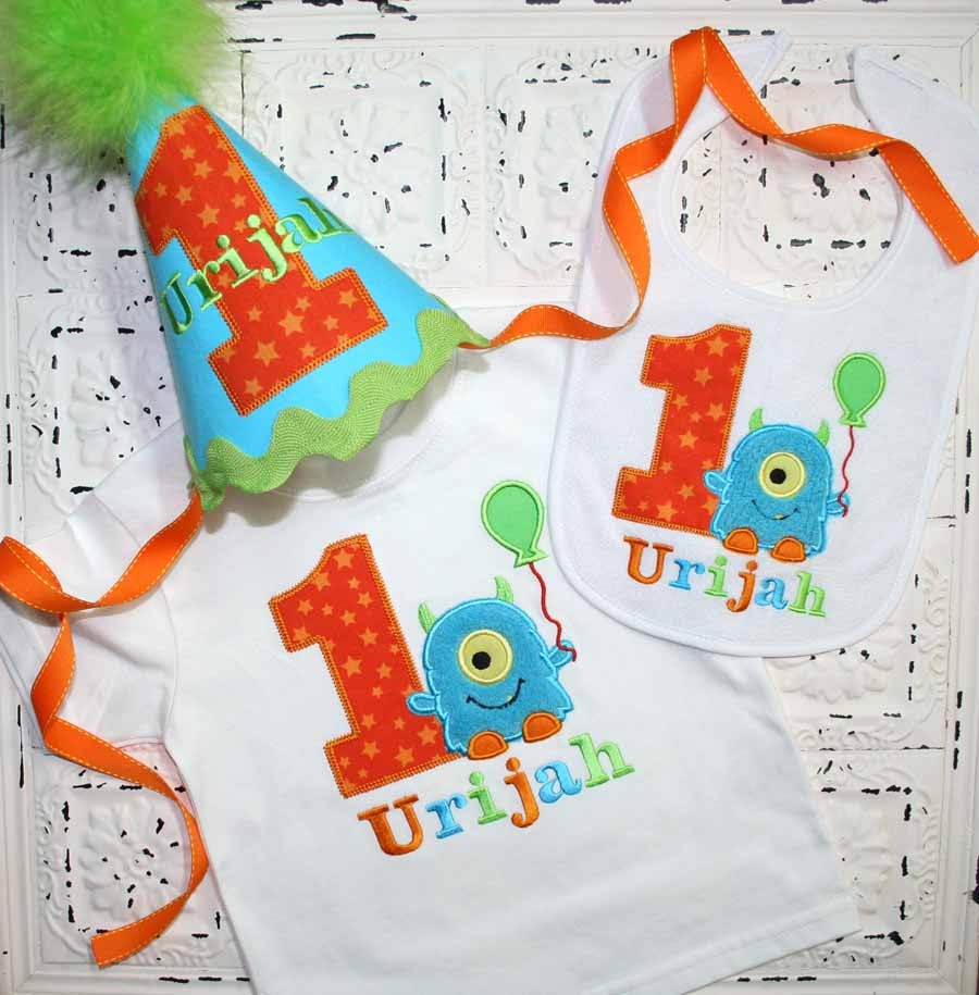 Birthday Set- Hat, Shirt, Bib, M2M Little Blue Monster Birthday Shirt OR bodysuit - FREE PERSONALIZATION-Your Choice of Letters or Numbers
