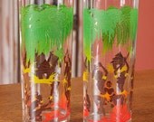 Set of 2 Vintage Tiki Cocktail Glasses with Dancing Islanders 50s or 60s