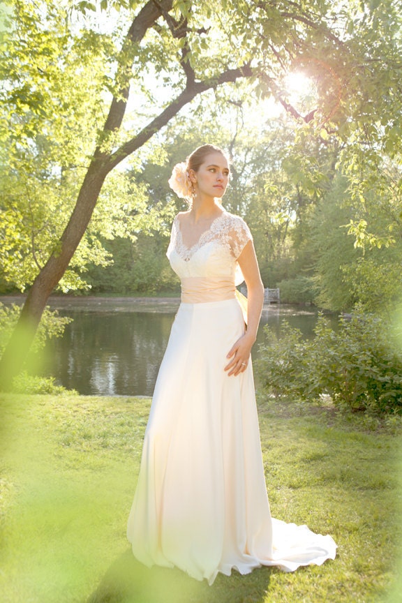 Chantilly Lace and Silk Crepe Bias Wedding Gown, "Sophie-Grace", V neck with Low Cowl back, Kimono Sleeve, Blush Sash, customizable