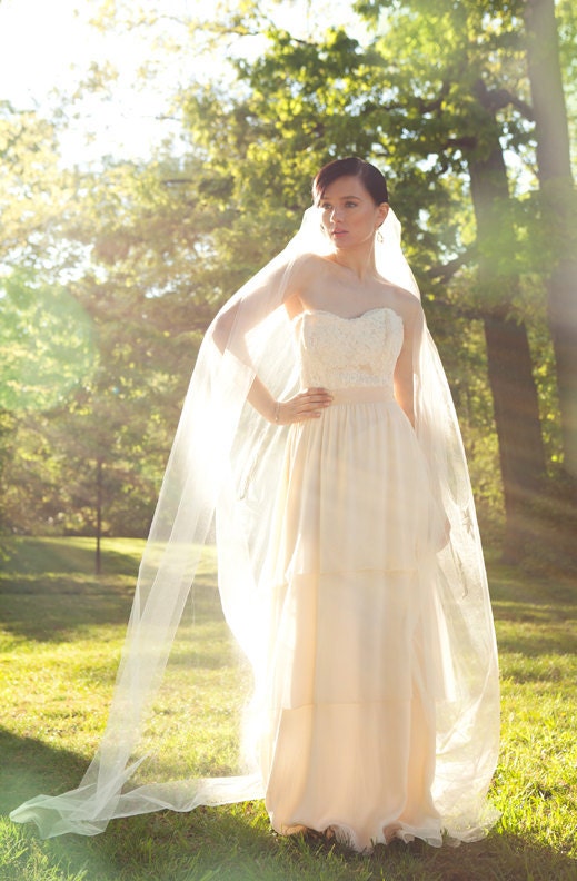 Hand-appliqued French Lace and Silk Chiffon Wedding Gown, "Lauren-Faith" Gown, Blush and Ivory, Tiered Skirts , Mix and Match Customizable