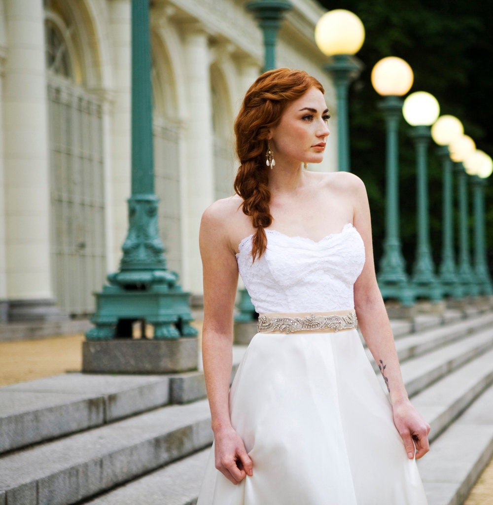 Strapless  1930s inspired "Evalyn" Bridal Gown, French Lace bodice, silk full bias skirt