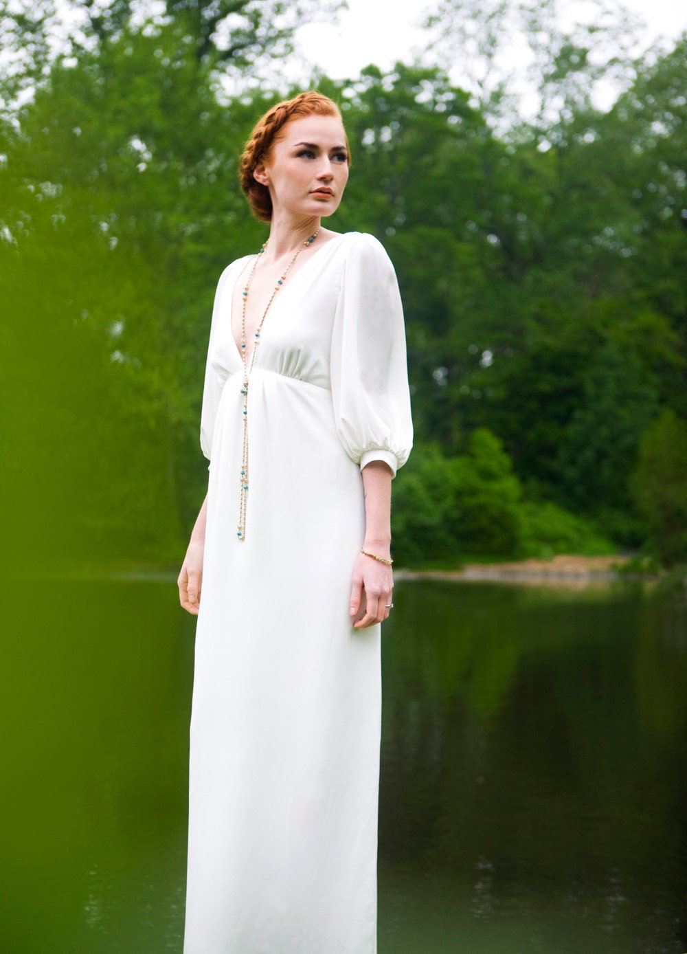 1970's Inspired Deep V neck Gown, "Adele" Bridal Gown, Full 3/4 Sleeves, Column Shape, bohemian wedding dress, minimal, Silk, Customizable