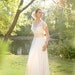 Chantilly Lace and Silk Crepe Bias Wedding Gown, "Sophie-Grace", V neck with Low Cowl back, Kimono Sleeve, Blush Sash, customizable
