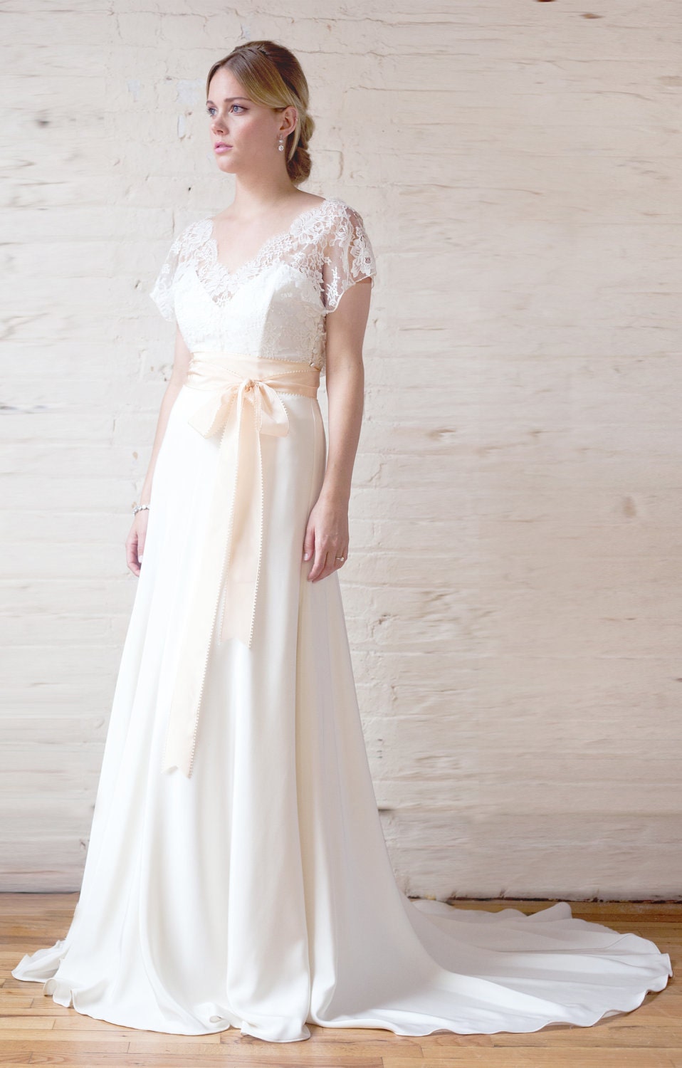 Chantilly Lace and Silk Crepe Bias Wedding Gown, "Sophie-Grace", V neck with Low Cowl back, Kimono Sleeve, Blush Sash, customizable