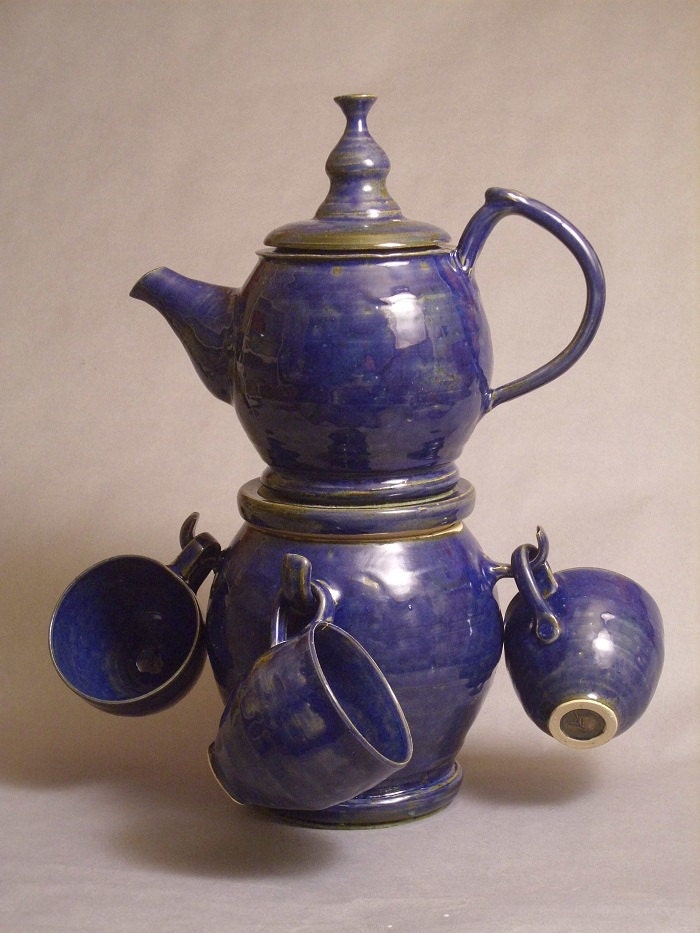 Handmade Wheel Thrown Tea Set - Custom - Teapot with Cookie Jar and Four Cups