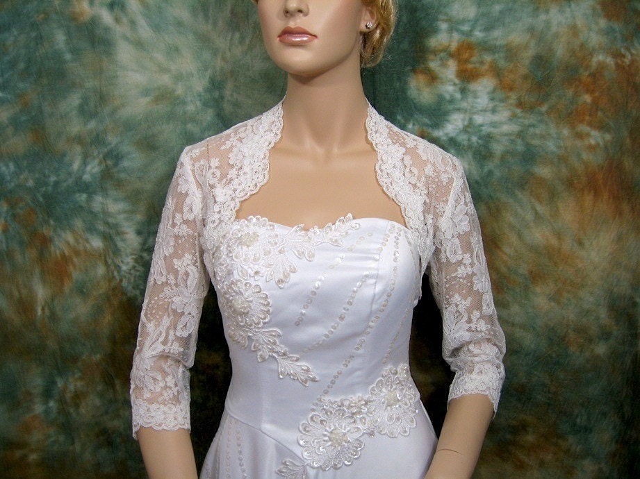 Ivory 3/4 sleeve bridal alencon lace wedding bolero jacket