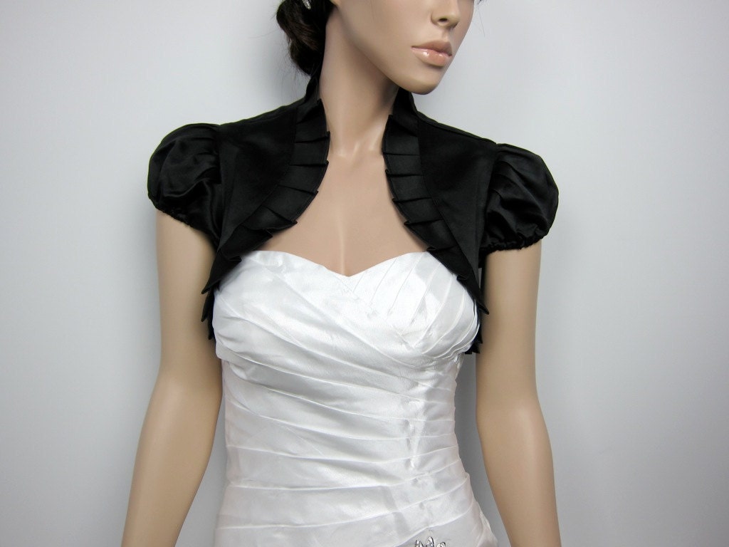 Black short sleeve satin wedding bolero jacket shrug