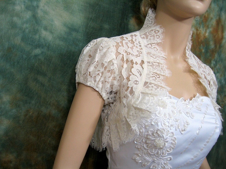Ivory short sleeve leaver lace wedding bolero jacket shrug