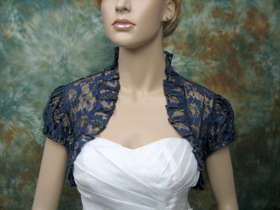 Navy Blue short sleeve corded lace wedding bolero by alexbridal Navy Blue short sleeve corded lace wedding bolero by alexbridal