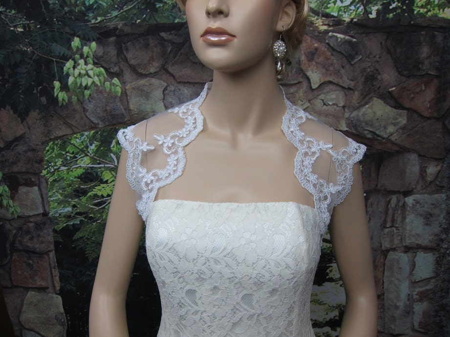 Ivory sleeveless bridal alencon lace wedding bolero jacket