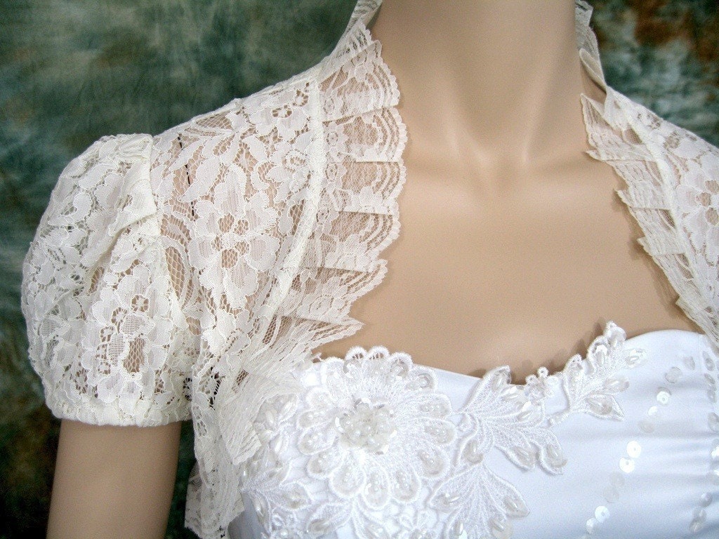 Short sleeve corded lace wedding bolero jacket shrug --- available in ivory, off-white and white