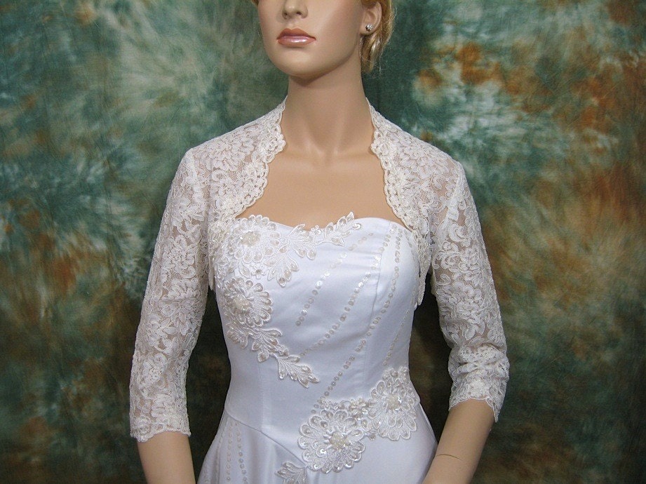 Ivory 3/4 sleeve wedding bridal lace bolero jacket - alencon lace