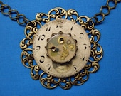 SALE, FREE SHIP, Vintage, Steampunk, Watch Parts, Filigree, Crystal, Antique Brass, Clockface, Spring, Summer Necklace