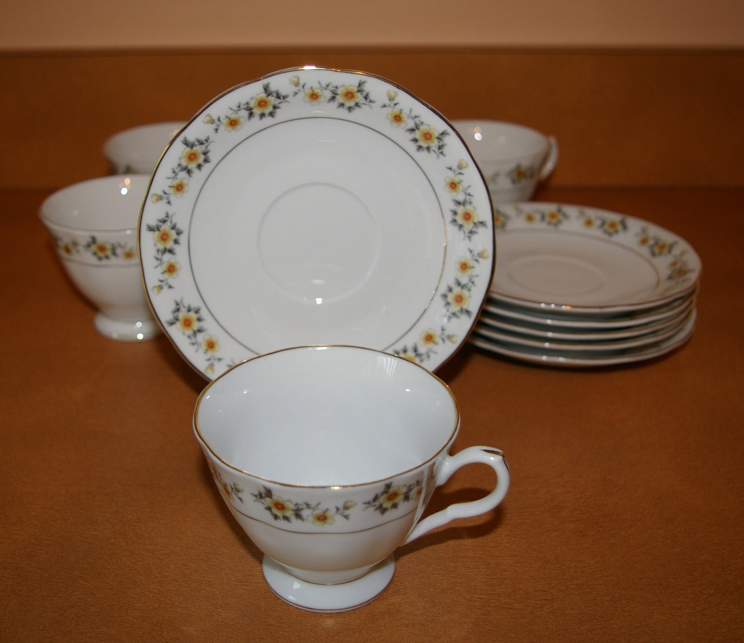 China Cup and Saucer Set of 12Pcs  Yellow Orange Flowers Gold Trim Vintage 1940's 1960's On SALE