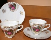 Demitasse Cup and Saucers Victorian Lovers China Set for Two Four Pieces Vintage