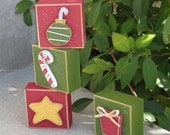 4 BLOCK CHRISTMAS themed set with an ornament, candy cane, present, and star for desk, shelf, mantle, holiday, December, home decor