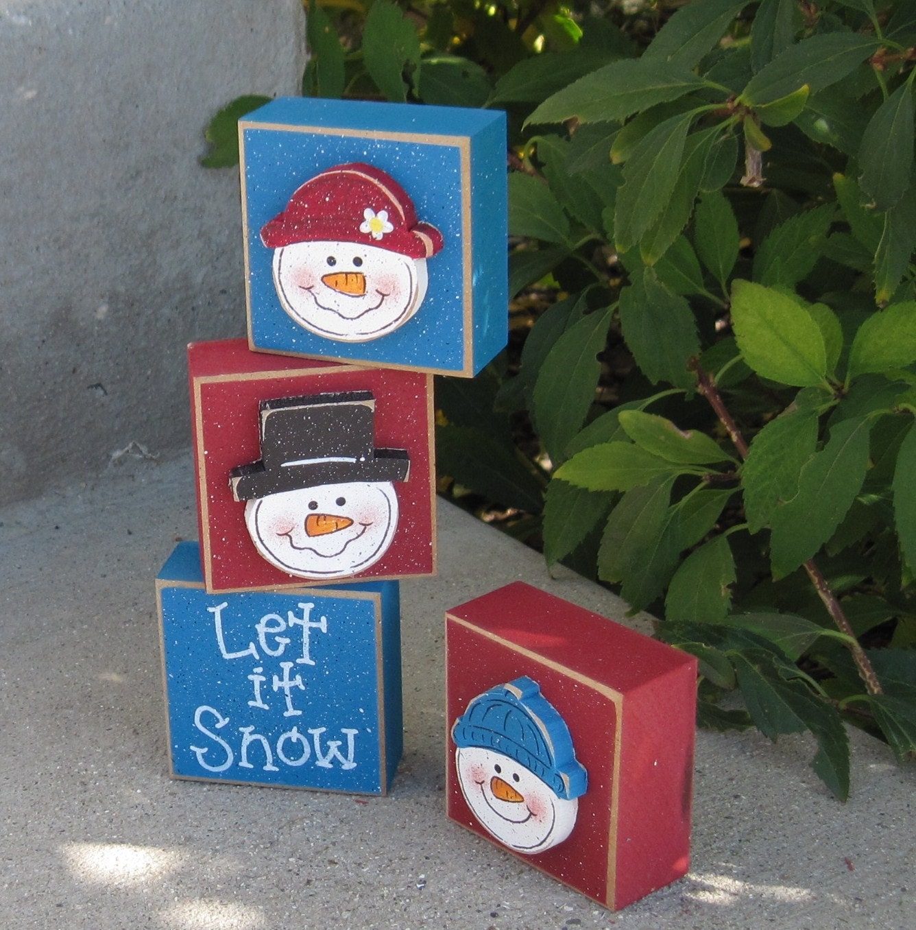 4 BLOCK Let it Snow SNOWMAN SET for desk, shelf, mantle, holiday, December, xmas, noel, home decor