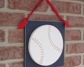 Large 10 inch HANGING BASEBALL with red ribbon for boy, wall, door hanger, and bedroom home decor
