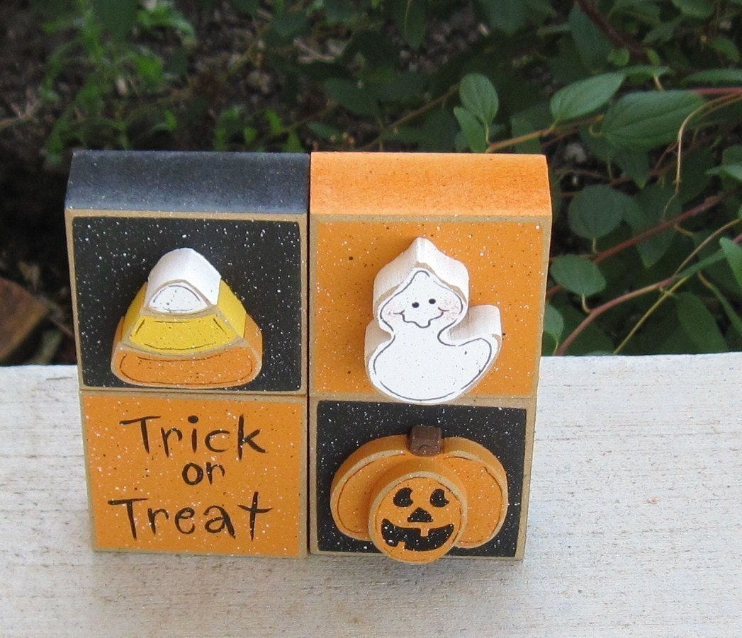 HALLOWEEN THEMED SQUARE Blocks with jackolantern, candy corn, ghost and trick or treat sign for Fall, October, shelf, office and home decor