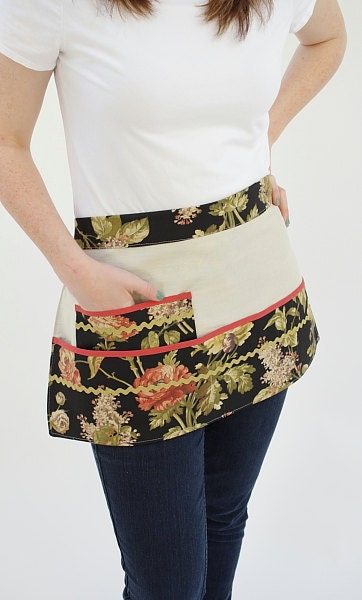 Linen Half Apron Vendor Apron Style with Pockets Waverly Fabric Accent