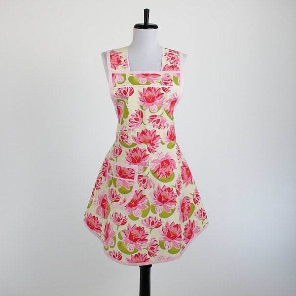 Pink Womens Apron Retro Cooking Apron in Lotus Flower Fabric