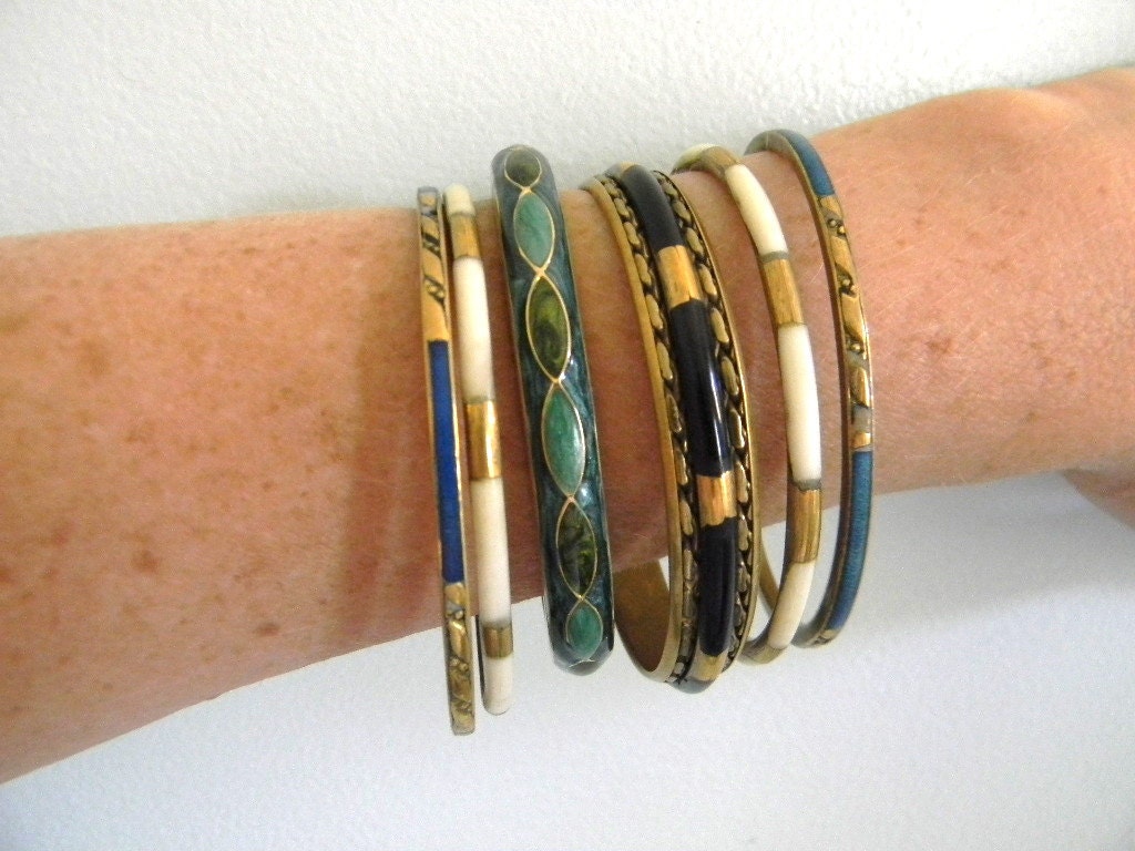 RESERVED for TRISTA //// vintage. Blue and Green Enamel Gold Metal Hinge Bracelet