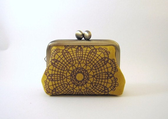 Frame Coin Purse- mini  jewelry case with ring pillow- brilliant lace on mustard