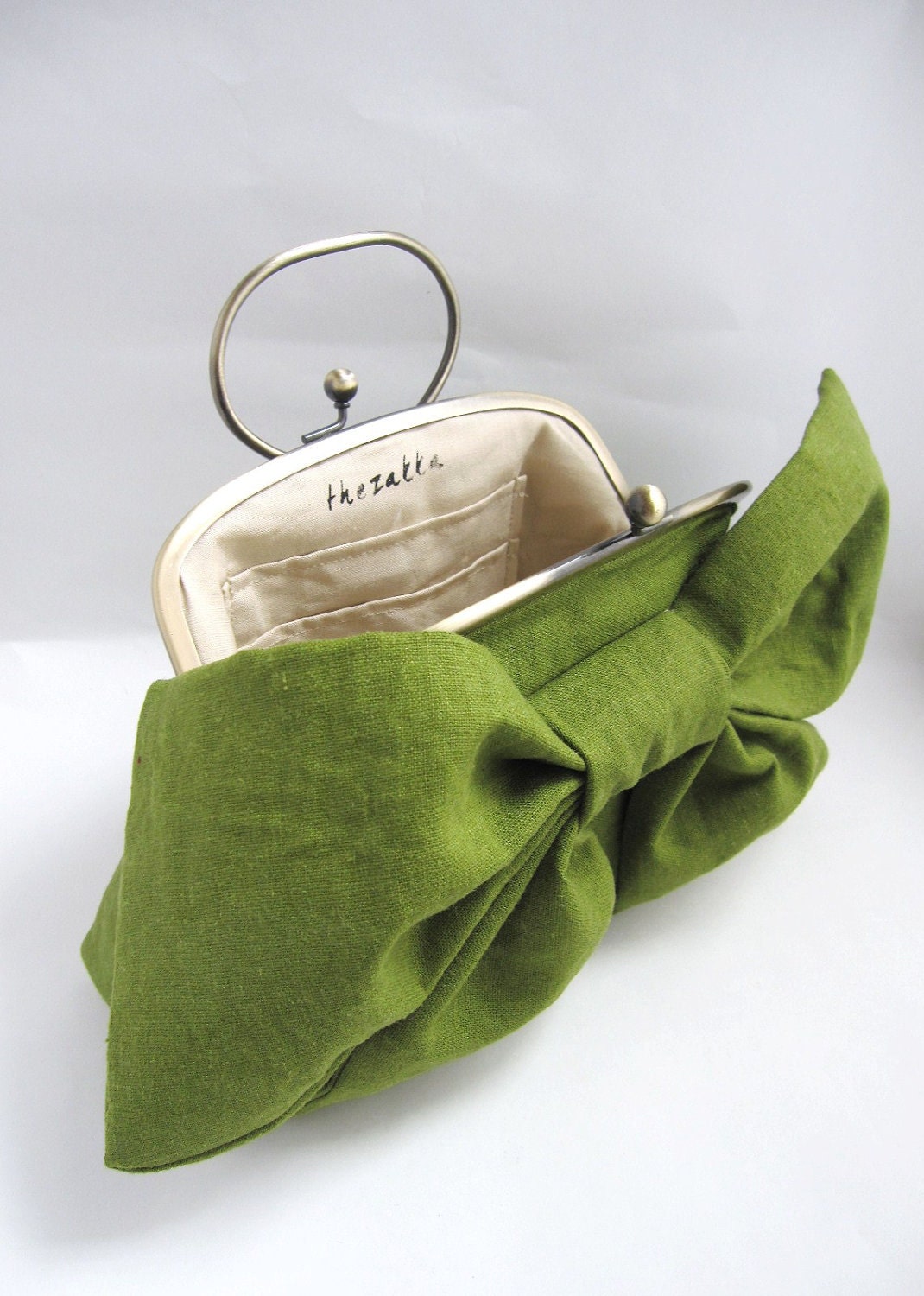 Large Bow Clutch with Handle - green tea linen