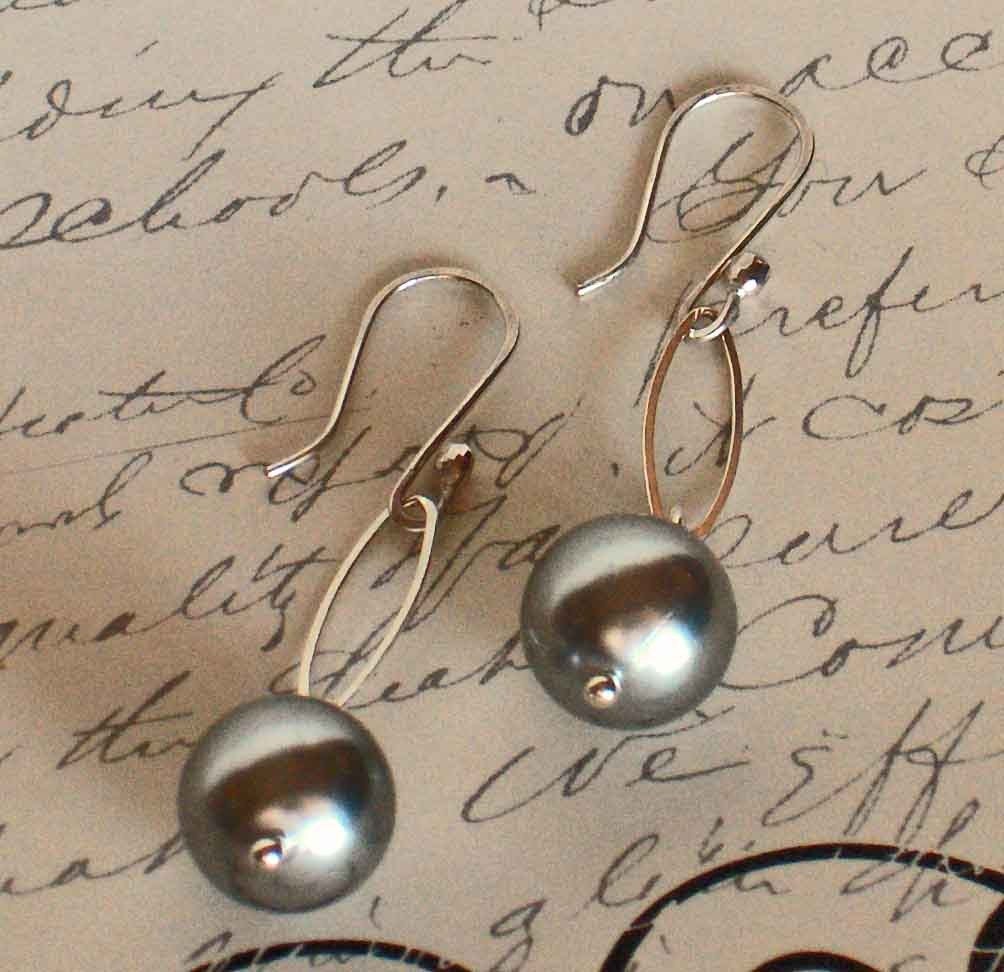 Pearl Earrings, Grey Pearl Dangle Sterling Silver Earrings, Sterling Silver Hoops