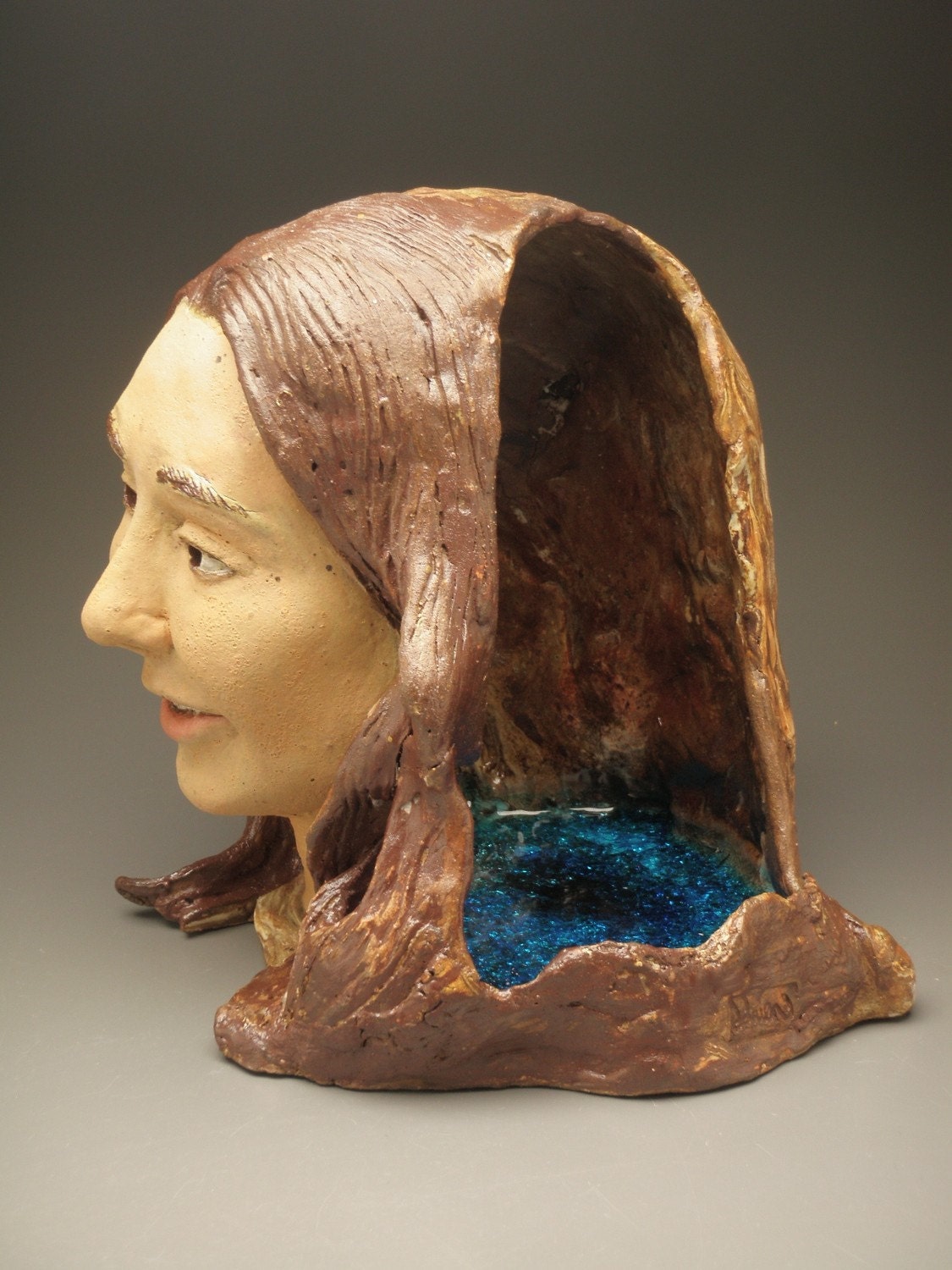 Ceramic Head Sculpture Cave Pool, Portrait Of A Quiet Mind, Face Art Transformation Bust Portrait