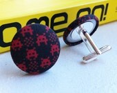 Space Invader cufflinks, Small cover buttons, 8-bit video games, black and red gingham fabric, lead and nickel free