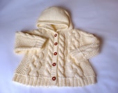 Jacket  with cabled pattern and hood in Cream White-Off White - Pure New Wool or Alpaca Wool mix Size from 1-4year