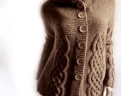 Hand Knit Sweater Womens Cable Knit Cardigan Hooded Coat Chocolate Brown SUMMER SALE