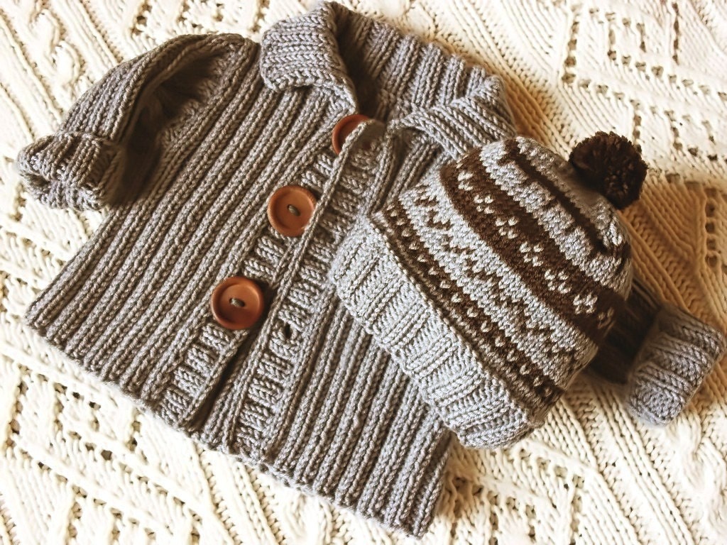 Baby jacket and hat set in merino extrafine pure new wool sweater beanie girl boy pom pom fire island custom color 1-12 month