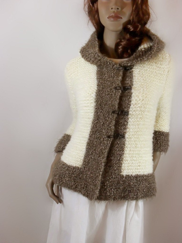 Hoodie Jacket Off white, cappuchino 3/4 sleeves women Merino Mohaor Baby Alpaca UNIQUE PIECE Ready to Ship