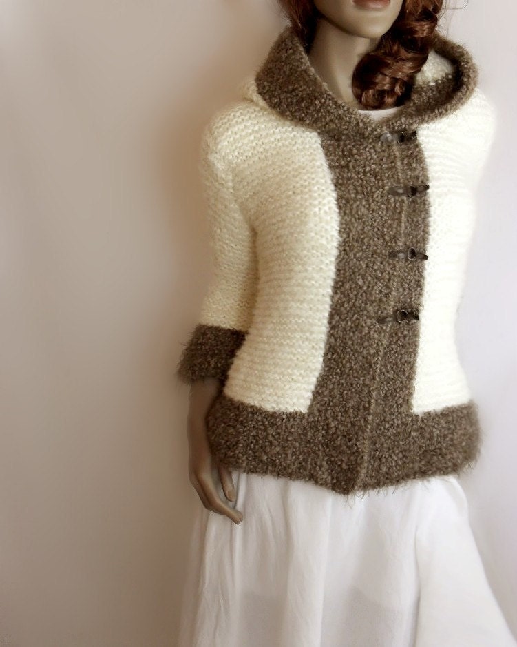 Hoodie Jacket Off white, cappuchino 3/4 sleeves women Merino Mohaor Baby Alpaca UNIQUE PIECE Ready to Ship