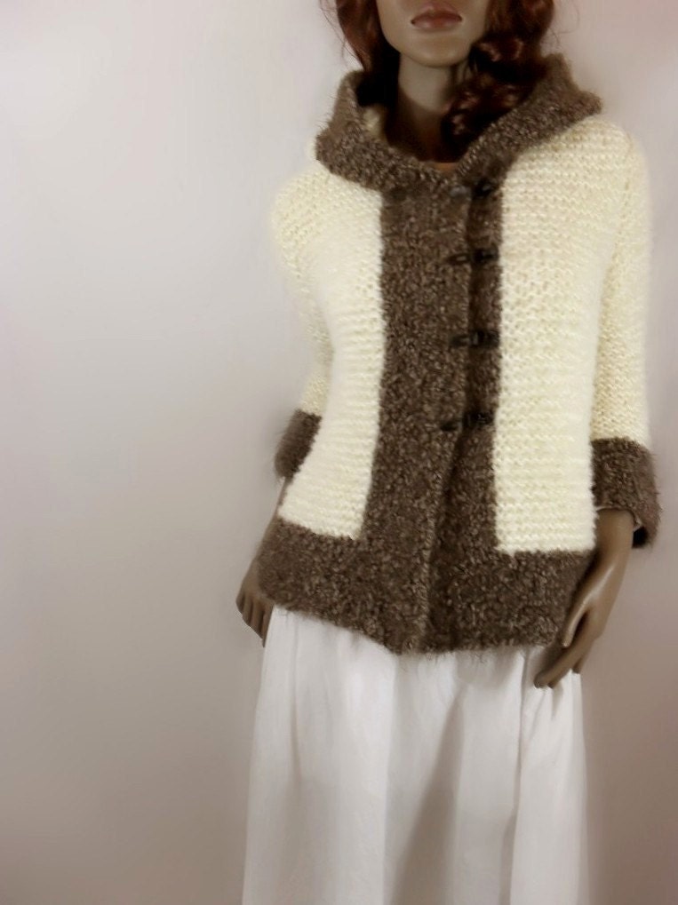 Hoodie Jacket Off white, cappuchino 3/4 sleeves women Merino Mohaor Baby Alpaca UNIQUE PIECE Ready to Ship