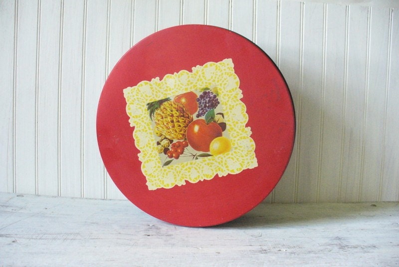 Vintage Round Fruit Tin--Red and Yellow--Pineapple--Cherries--Grapes--Apple--Orange--Large