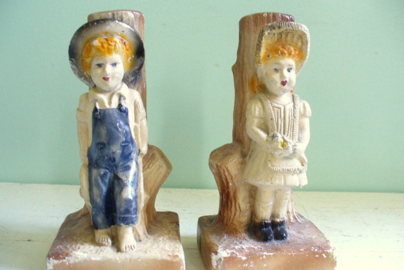 Vintage Chalkware Bookends Boy and Girl Tree Stumps Carnival Prize