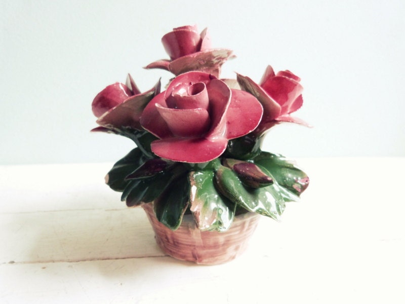 Vintage Capodimonte Italian Handmade Porcelain Roses Flowers in Basket Italy