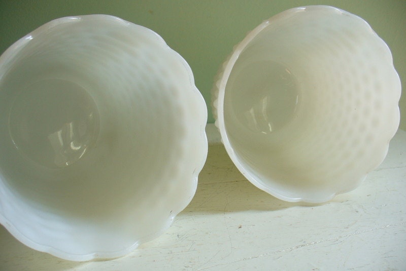 Vintage Hobnail Milk Glass Pair of Bowls Vases Matching