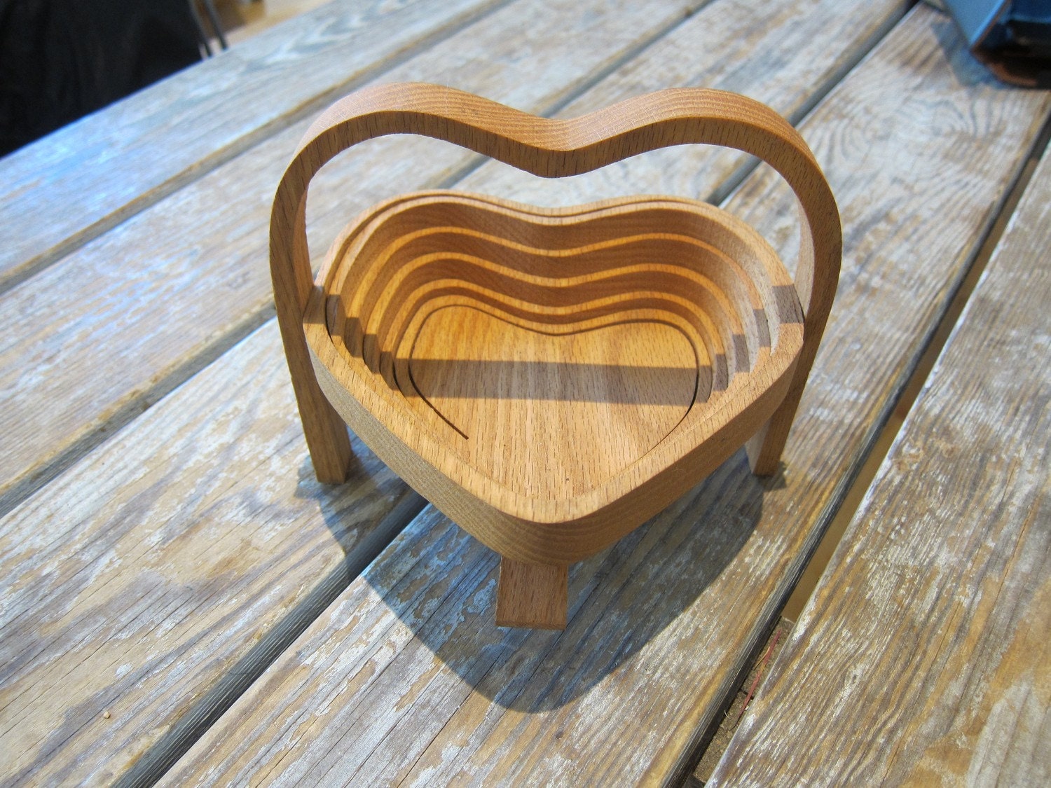 Signed Amish Heart Collapsible Basket Trivet Carved Wood Unique Useful Innovative Display Postcards or Love Letters