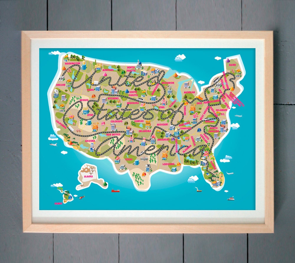 Cute USA map ART PRINT (various sizes available - 11x14 - 20x30 inches)